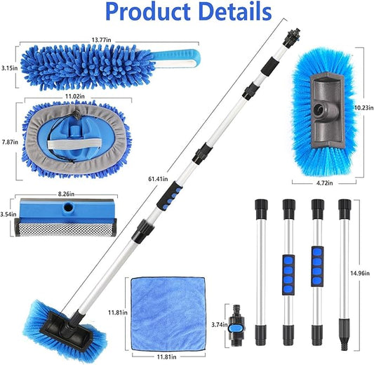 5Pcs Car Cleaning Brush Kit 61in Detachable Long Handle Soft Microfiber Mop Brush Mitt Windshield Squeegee Duster Towel Wheel Tier Brush Hose Adapter for Car RV Truck Boat