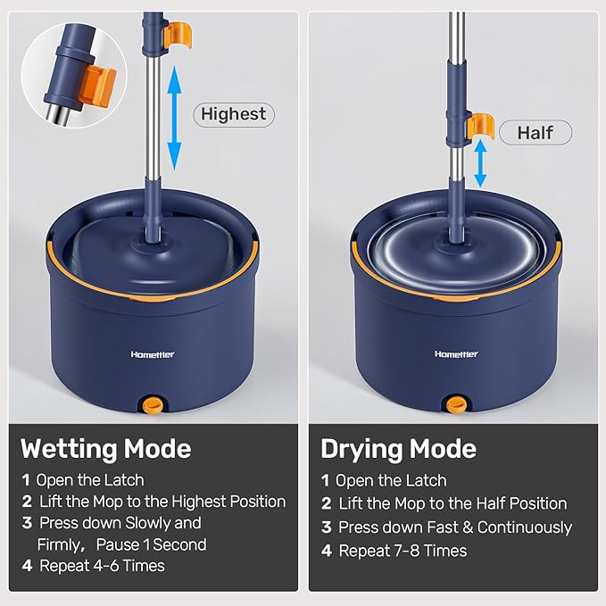 Spin Mop and Bucket Set, Mop Bucket with Separate Dirty Water System, Deep-Cleaning Mops for Floors/Wall, Versatile Mops with 6 Microfiber Mop Pads