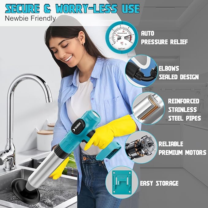 Electric Toilet Plunger Compatible for Makita 18v Battery(NO Battery), Cordless Toilet Plungers with Auto-Pressurized, NO Splashes & 3 Heads, Drain Unclogger Tool For Bathroom Shower Floors(Bare Tool)