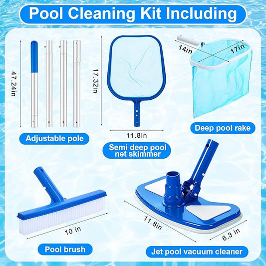 Tioncy 5 Pcs Pool Vacuum Cleaning Kit Includes Round Corner Pool Vacuum, 2 Skimmer Nets with 47" Adjustable Pole and 1 Brush for Above Ground Ponds Hot Tub Spa Wall Floor Cleaning Maintenance