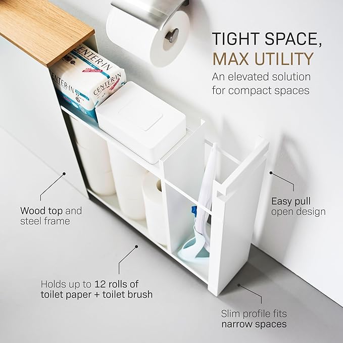 Yamazaki Home Pull-Out Bathroom Storage Cabinet – Slim Bathroom Storage Cabinet with Wood Top, Steel Organizer for Toilet Paper and Cleaning Supplies, Modern Space-Saving Design, White - Steel + Wood