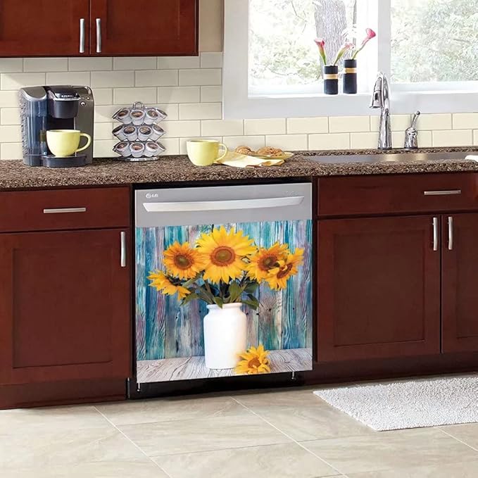 Colorful Wooden Background Kitchen Magnetic Dishwasher Front Door Cover Decor, Vase Sunflower Fridge Panels Decals Vinyl Magnet Cover, Magnetic 23"x17"INCH