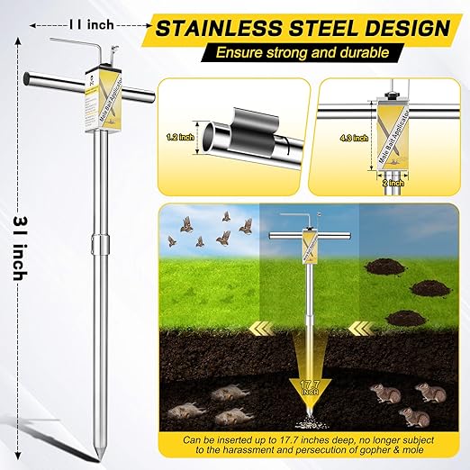 Gopher & Mole Bait Applicator, Stainless Steel Gopher/Mole/Vole Killer, Durable and Removable Gardening Pest Control Tool for Yard, Upgraded Non-Clogging Bait Outlet(Not Include Bait)