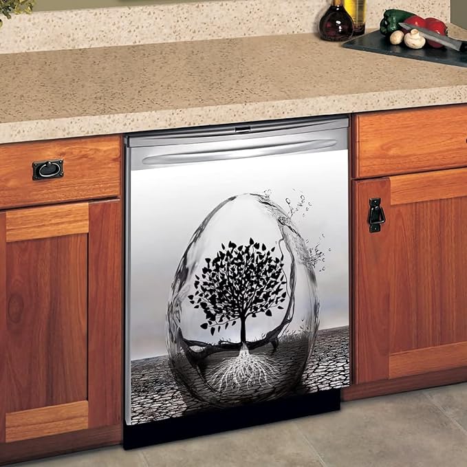 Wine Glass and Tree of Life Art Decoration Dishwasher Cover Black Abstract Decal Magnetic Cover for Dishwasher Front Door 23x26inch Magnet Sticker Kitchen Dishwasher Decor Panel