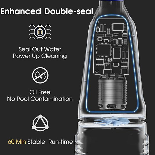 Cordless Handheld Pool Vacuum Cleaner 1110 GPH True Strong Suction 60min Run-time 40µm Ultra Fine Mesh Filter for Leaves Debris,with Aluminum Pole&Angle Head for Hot Tubs,Inground &Above Ground Pools