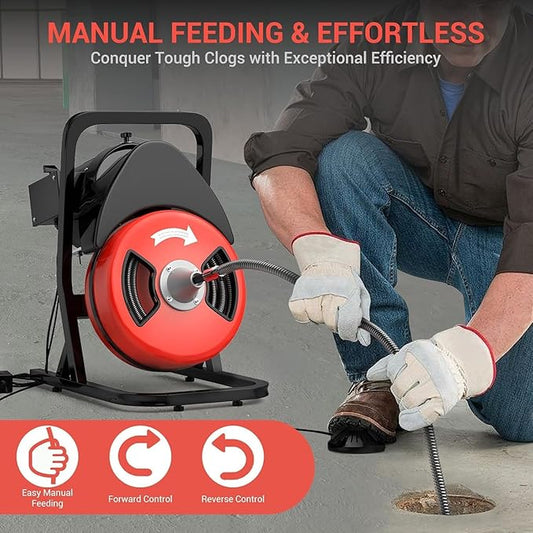 50FTx1/2 Inch Drain Cleaner Machine with Wheels, Sewer Snake Drain for 2" to 4" Pipes, Plumbing Snake Auger Cleaner with 6 Cutter & Foot Switch for Sewer, Sink, Toilet, Bathroom