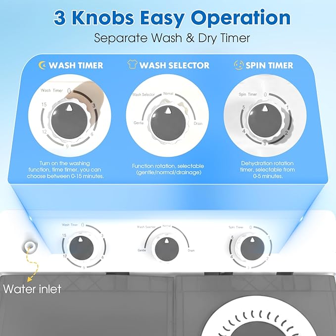 Portable Washing Machine Twin Tub - 14lbs Compact Washer (9,5lbs) and Spinner Dryer (4.5lbs) Combo with Drain Pump - Semi Automatic Washing Machine for Apartments, Dorms, RVs, Camping - Grey