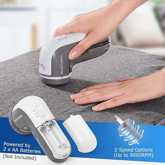 BEAUTURAL Fabric Shaver and Lint Remover, Portable Sweater Defuzzer | Battery Operated, 2 Speeds, 2 Replaceable Stainless Steel Blades, Remove Clothes Fuzz, Lint Balls, Pills, Bobbles - Image 5
