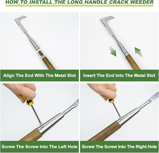 Haliaeetus Long Handle Crack Weeder Tool, 62'' L-Shape Stainless Steel Crevice Weeding Tool, Comfortable Wood Handle Paver Weeder, Sidewalk Weed Removal Tool for Driveway, Bricked Patio,Terrace Paving