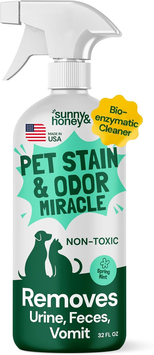 Sunny & Honey Pet Stain and Odor Remover - Enzyme Cleaner for Dog Urine and Poop on Carpets and Furniture - Strong Pet Carpet Cleaner Spray (32fl oz Mint)