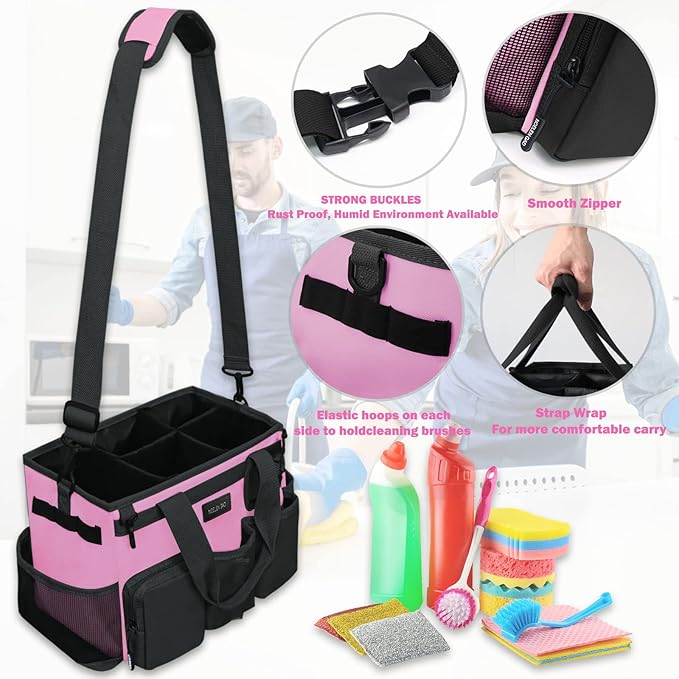 Wearable Cleaning Caddy Bag,Cleaning Supply Tote for Cleaning Supplies, Cleaning Organizer with Adjustable Shoulder and Waist Straps for Cleaners & Housekeepers (Large, Pink)