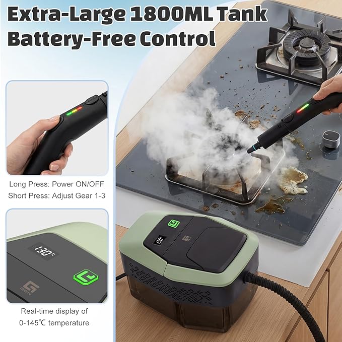 Handheld Steam Cleaner with On-Handle Control & Digital Display | 3 Level Pro Steam for Grease, Tile, Carpet | 45oz Tank, 10 Attachments for Home, Car, Kitchen Deep Cleaning (Green)