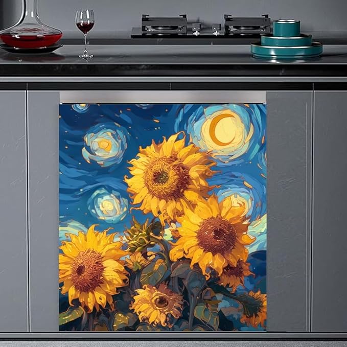 Farmhouse Sunflower Dishwasher Magnetic Covers for The Front, Starry Night Style Flowers Magnetic Dishwasher Sticker, Sunflower Painting Fridge Magnetic Skins Cover - 23" W x 26" H Magnetic