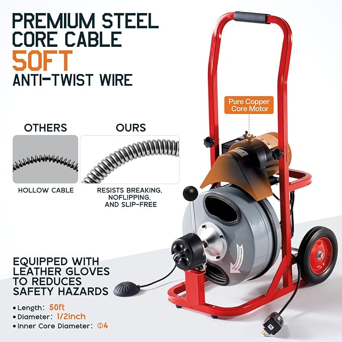 Albott 50 FT x 1/2 inch Electric Drain Cleaner Machine with Auto-Feed & 10 Cutters, Sewer Snake Auger for 1–4 Inch Pipes, Foot Switch & Wheels, Ideal for Home & Commercial Use, Gray/Red