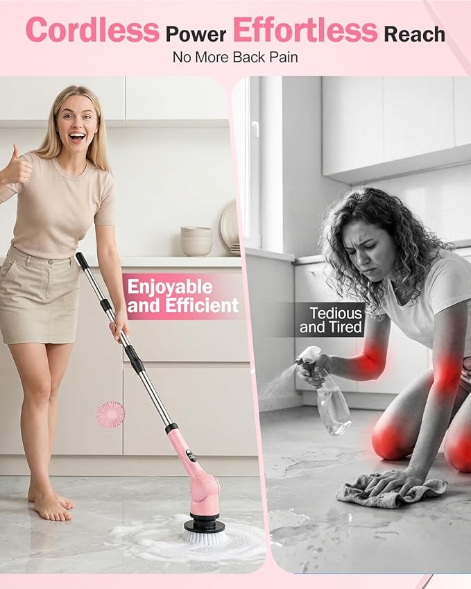 Electric Spin Scrubber, 3-Speed Cordless Shower Scrubber with Long Handle & 10 Replaceable Brush Heads, 90 Mins Runtime & Full-Body IPX7 Waterproof Shower Cleaner Brush for Bathroom Kithchen