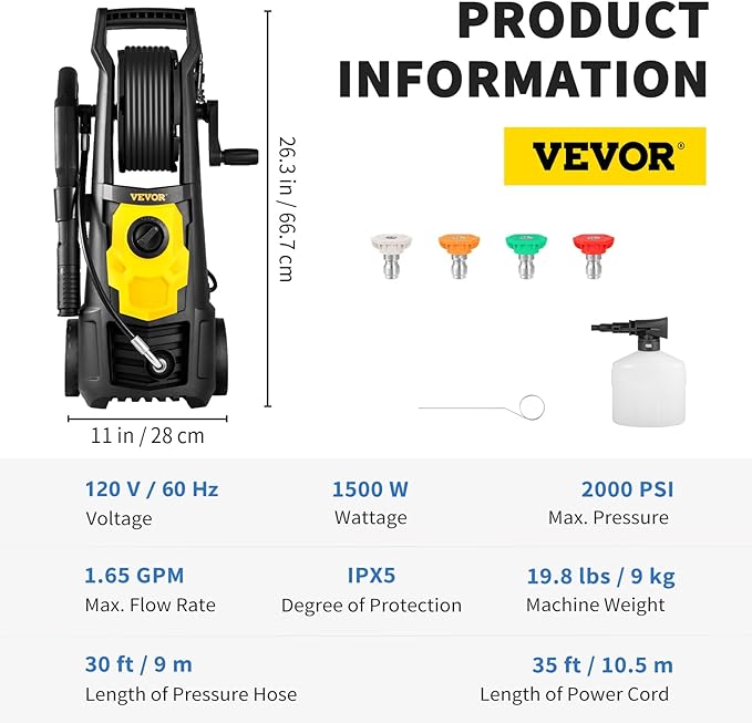 VEVOR Electric Pressure Washer, 2000 PSI, Max 1.65 GPM Power Washer w/ 20 ft Hose & Reel, 4 Quick Connect Nozzles, Foam Cannon, Portable to Clean Patios, Cars, Fences, Driveways, ETL Listed