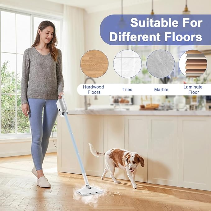 7-in-1 Steam Mop, 1200W Rotated Steam Cleaner for Home, 2 Modes, 400ML Removable Tank, 23FT Cord, 2 Washable Pads, Multi-Surface Steamer for Hard Floor, Laminate Floor, Tiles Cleaning (Light Blue)