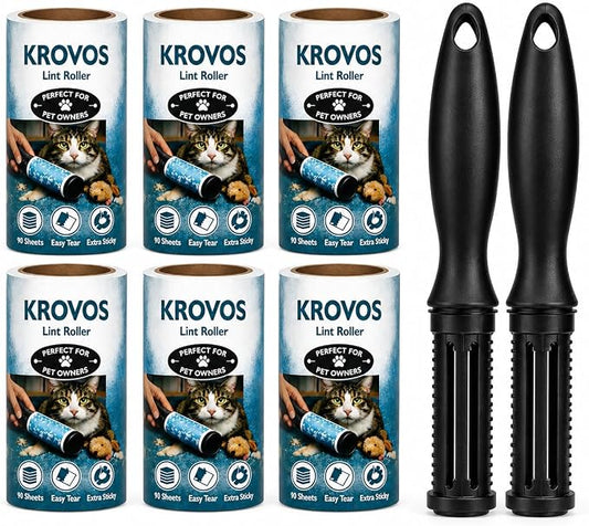 KROVOS Pet Hair Lint Roller Extra Sticky, 540 Sheets, Value Pack of 6 Rollers with 2 Handles, Easy Tear Sheets Lint Remover for Clothes, Furniture, Carpet, Dog Hair & Cat Hair by Unknown