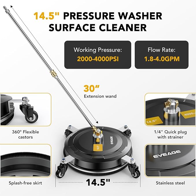 EVEAGE 14.5" Pressure Washer Surface Cleaner,Stainless Steel Pressure Washer Accessories 4 Weels & 1/4" Quick Connector,4000 PSI Power Washer for Driveway (Black, 14.5inch)