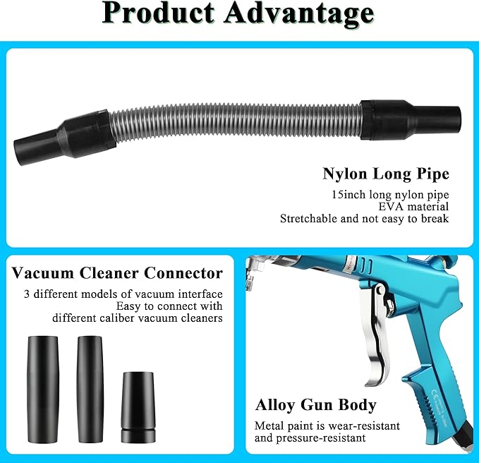 2IN1 Car Interior Detailing Air Blow Gun & vacunm Gun with Adjustable Air Flow Nozzle,Cleaning Gun Quickly Blasts Dirt and Dust from Surface Works with Air Compressor(Upgrade Rotate Tube) Blue