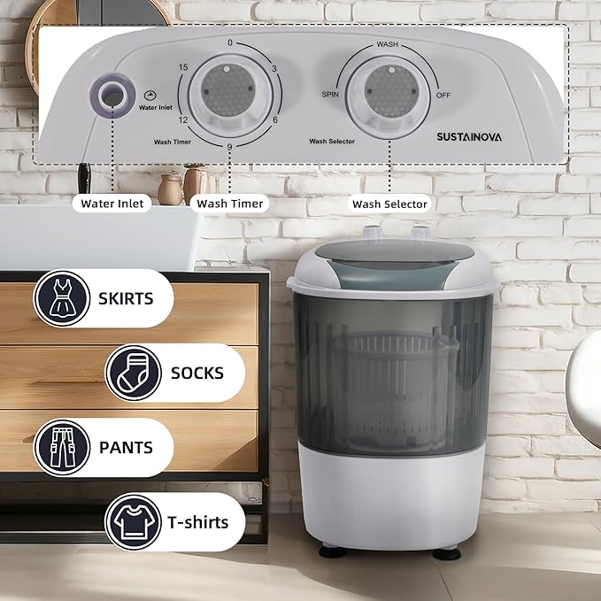 Elevon Mini Spin Dryer Portable Washing Machine, Compact Laundry for Home, Apartment, RV, Gray