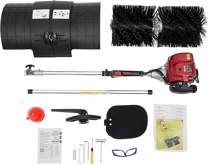 4 Stroke Lawn Yard Sweeper, 1000W 31CC Gas Power Sweeper Outdoor Handheld Power Broom High Performance Cleaner Handheld Sweepers for Cleaning Driveways Turf Lawns Artificial Grass