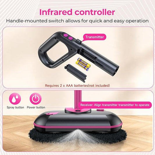 Cordless Electric Spin Mop with Water Sprayer, 300ml Tank Self-Propelled Floor Cleaner for Hardwood & Tile, Quiet Cleaning, Adjustable Handle, 2500mAh Long-Lasting Battery, Pink
