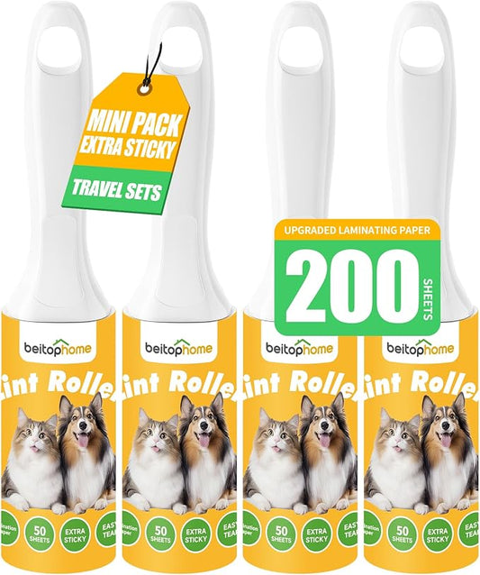 Mini Lint Roller 4 Pack for Pet Hair, 200 Sheets Total | Four Travel-Size Rollers for Purse, Car, Office, Luggage & Home by Beitophomepet%60sfamily
