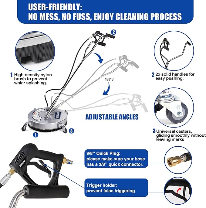 MEKOH Pressure Washer Surface Cleaner 22'', 4500PSI Stainless Steel Surface Cleaner Attachment with Wheels, Power Washer Accessory for Driveway Sidewalk Curb Deck Patio Cleaning, 3/8'' Quick-Connect