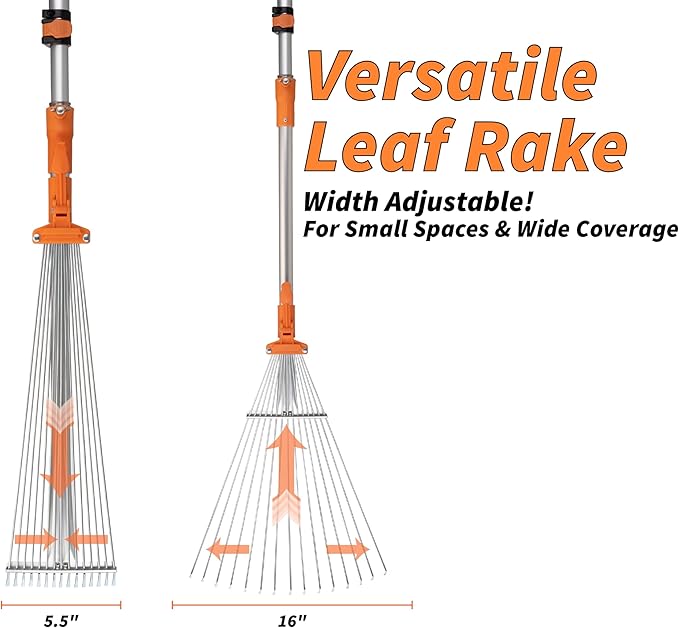 5-24 Telescoping Roof Rake 30 ft Reach // Collapsible Roof Rake for Leaves and Pine with Extension Pole // Roof Cleaning Tool for Gardening and Lawns // High Reach Adjustable Metal Leaf Raker