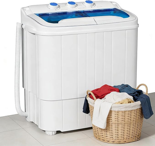 SUNCROWN Portable Washing Machine 17.6lbs, Compact Twin Tub Semi Automatic Washer, Energy-Saving Mini Laundry Combo with Extended Drain Hose & Pump for Apartments, Dorms, RV, (White & Blue)