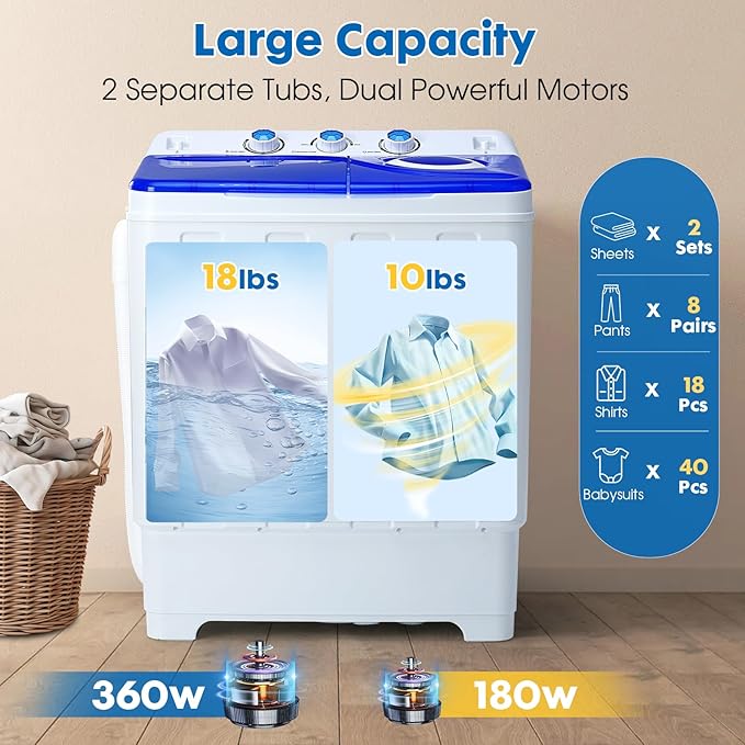Portable Washing Machine Twin Tub - 28lbs Compact Washer (18lbs) and Spinner Dryer (10lbs) Combo with Drain Pump - Semi Automatic Washing Machine for Apartments, Dorms, RVs, Camping - Blue