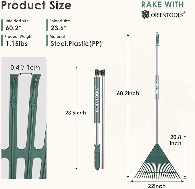 Garden Rake, 22" Leaf rakes with Foldable Lightweight Steel Handle, 22 Tines Plastic Yard, Folding Shrub Rake for Lawns, Grass, Flower Beds Leaves Cleaning