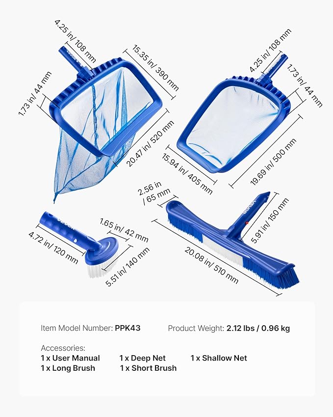 VEVOR Swimming Pool Cleaning Kit, Includes 2 Detachable Brush Heads (20 Inch / 5.5 Inch) and 2 Pool Skimmer Nets, 4-in-1 Inground/Above Ground Pools Cleaning Tools Set for Leaf, Fine Mesh, No Poles