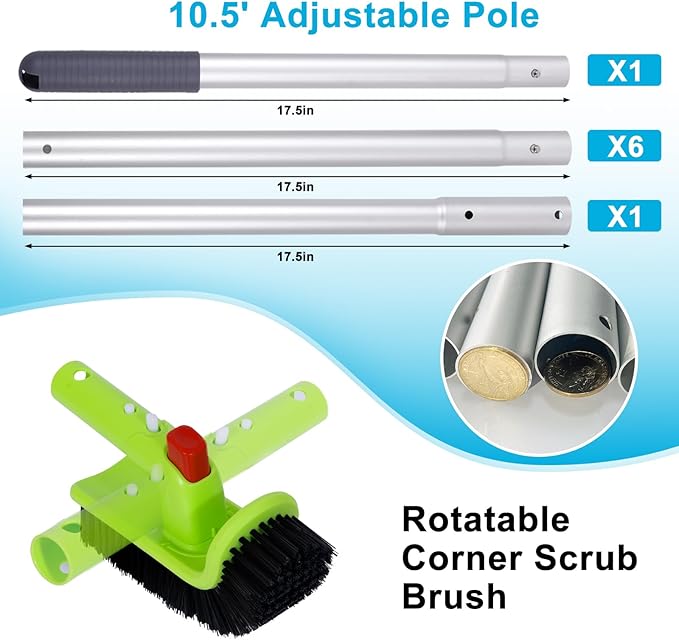 Deluxe Swimming Pool Cleaning Kit Including Professional Leaf Skimmer Net, 17.5" Pool Brush Head,Scrub Brush and 10.5 FT Pole