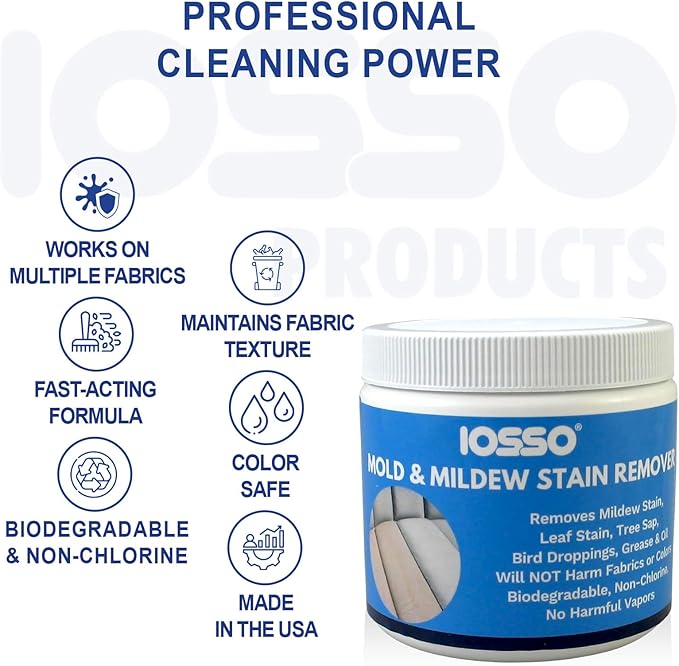 Iosso Mold & Mildew Stain Remover ?€? Color Safe for Awnings, Tents & Boats ?€? Concentrated Formula Makes 3 Gallons ?€? Biodegradable, Non-Chlorine Fabric Cleaner