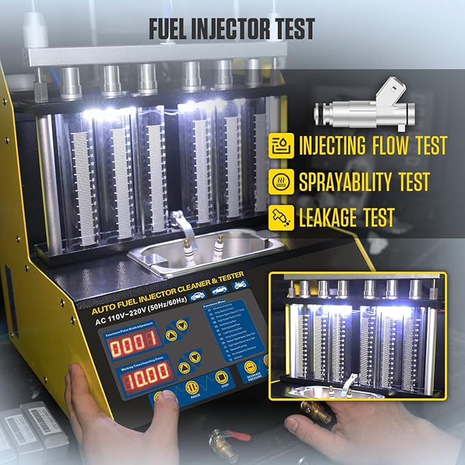 Fuel Cleaning Tools 6-Cylinder Injector Cleaner Tester CT-200 Fuel Injection Systems Cleaners Testers Gasoline Direct Injection Piezo Fuel Nozzle/High Pressure/Reverse Cleaning&On-Vehicle 220V/110V.