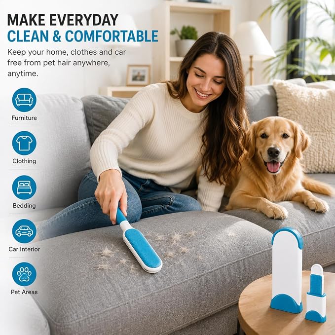 Pet Hair Remover Brush Set for Dog & Cat Hair, Reusable Lint Roller, Self-Cleaning Pet Hair Removal Tool for Couch, Clothes & Furniture - Image 8
