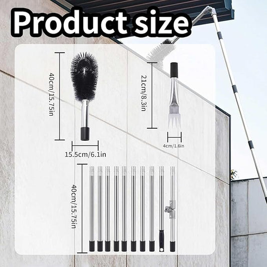 Gutter Cleaning Tools from The Ground, 13.1FT Adjustable Gutter Cleaner Pole with 180° Pivoting Head & Replaceable Brush, 10-Section Leaf Cleaning Tool - No Ladder Needed
