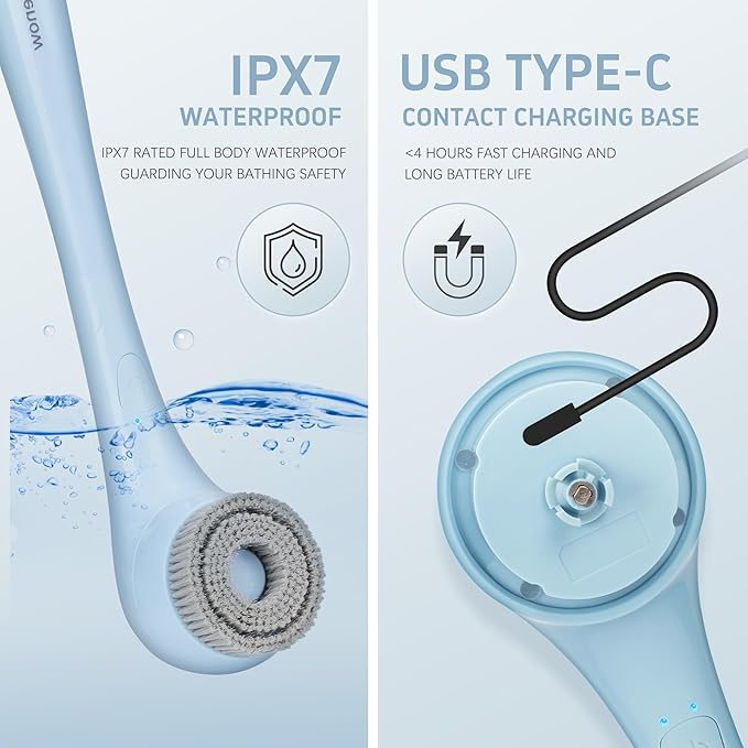 Electric Body Brush, Waterproof Back Scrubber for Shower with Long Handle and 3 Heads, Rechargeable Exfoliating Brush for Body and Foot, Deep Cleansing Massager, Blue