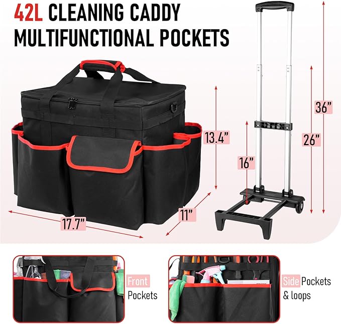 Large DIY Rolling Cleaning Caddy Bag, Cleaning Caddy with Wheels for Housekeepers, Wear-Resistant & Waterproof 900D Oxford Cleaner Supplies Organizer for Kitchen, Home, Office, Tool Storage