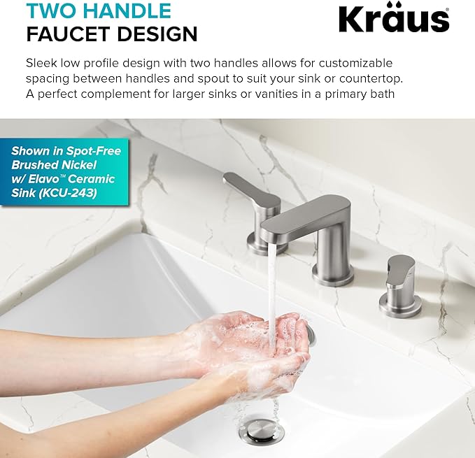 KRAUS Indy Widespread Bathroom Faucet in Spot-Free Brushed Nickel/Matte Black with 2 Handles, Pop Up Drain and Supply Lines, FUS-14103SFBNMB