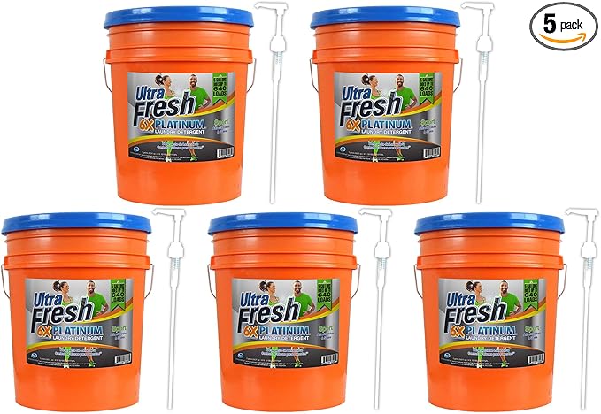 Ultra Fresh Platinum Sport 5 Gallon 6x Laundry Detergent Suitable for All Machine Type and Up to 640 Laundry Loads with Pump (5 Pack)