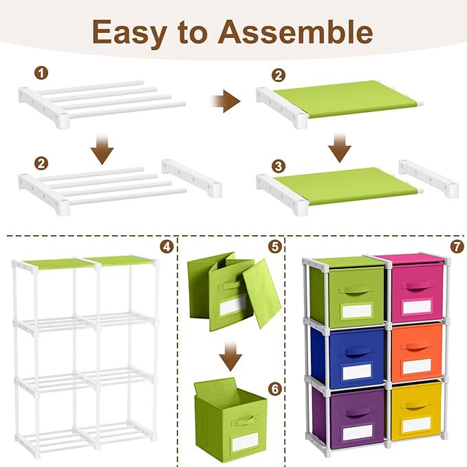 Geelin 6 Sets Cube Storage Organizer Bins with Shelf & Labels 11 Inch, Fabric Collapsible Cubby Toys Clothes Storage Drawer Unit for Daycare Nursery Playroom Bedroom Dorm Organizer (Rainbow)