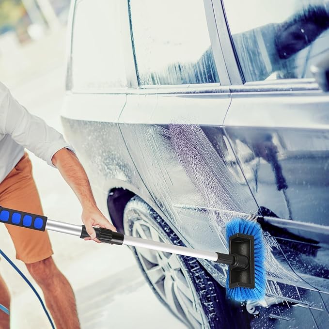5Pcs Car Cleaning Brush Kit 61in Detachable Long Handle Soft Microfiber Mop Brush Mitt Windshield Squeegee Duster Towel Wheel Tier Brush Hose Adapter for Car RV Truck Boat