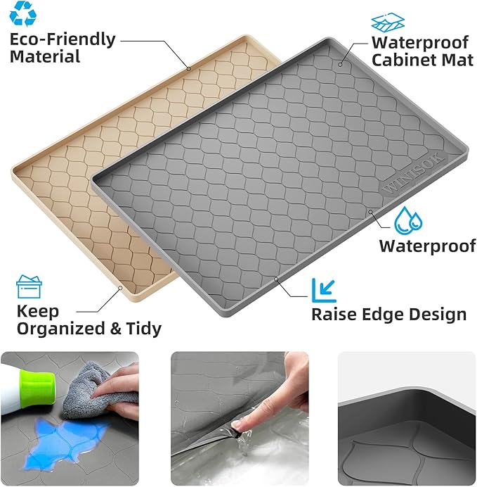 Silicone Under Sink Mat 28" x 19", kitchen Essentials and Gadgets, Shelf liner and Cabinet Protector, Home Organizers and Storage, Waterproof Bathroom Tray