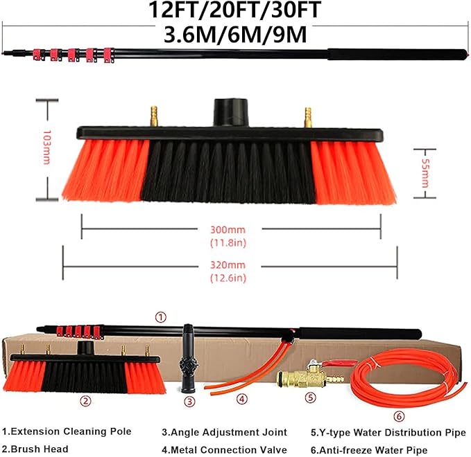 Water Fed Pole Kit, Window Cleaning Telescopic Pole for Cleaner Conservatory Roof Photovoltaic Panel Cleaning Extendable Solar Panel Roof Cleaning Tools,50cmBrush-9mRod