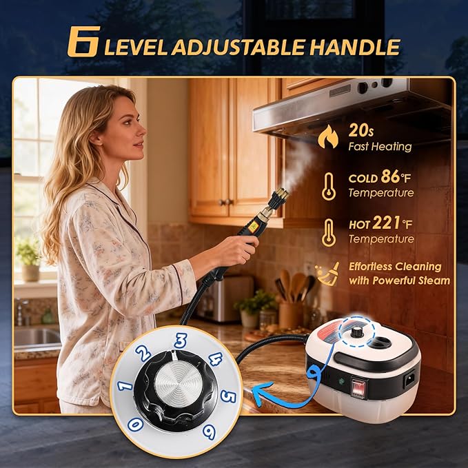 2500W Handheld Steam Cleaner, Pressurized Steam Cleaning Machine with 3 Brush Heads, 20s Heat Up, 1L Tank, Multipurpose Mini Portable Steamer for Tile, Grout, Furniture, Kitchen, Car, Home