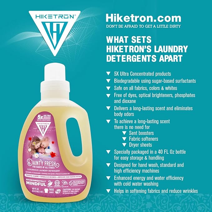 Hiketron Dainty Fresh For Babies Liquid Laundry Detergent, 5x Ultra Concentrated, Tough Stains Remover, Long Lasting Scent (40 Fl Oz, Pack of 1)
