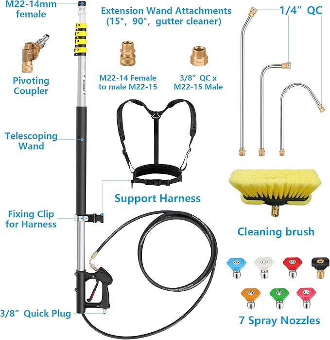 24FT Telescoping Pressure Washer Extension Wand, Hot Water Supported Power Washer Extension Wand, Solar Panel Cleaner Pole with Brush Head, 7 Nozzle Tips, 3 Adapters & Harness
